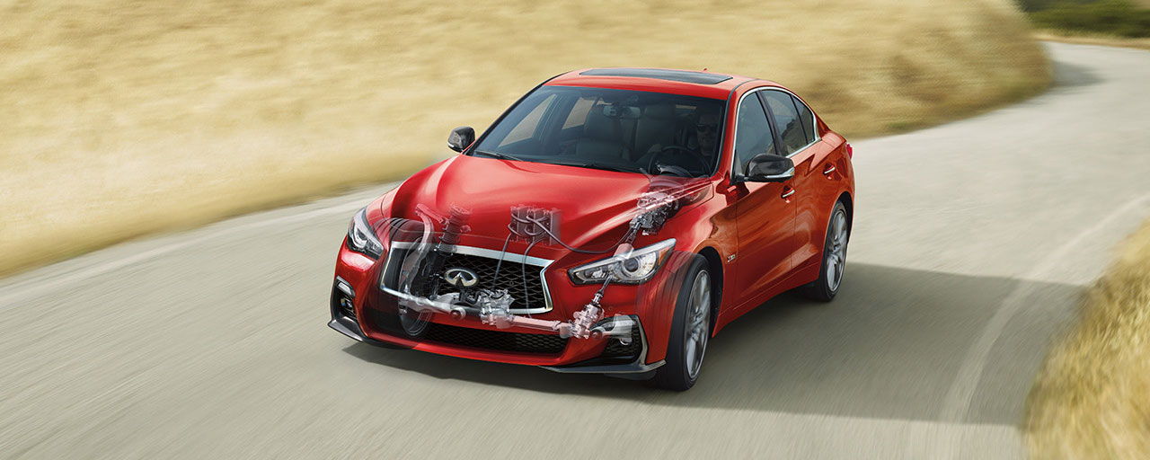 2018 INFINITI Q50 RED SPORT 400 Sedan Exterior | Front profile in Dynamic Sunstone Red, highlighting Direct Adaptive Steering®